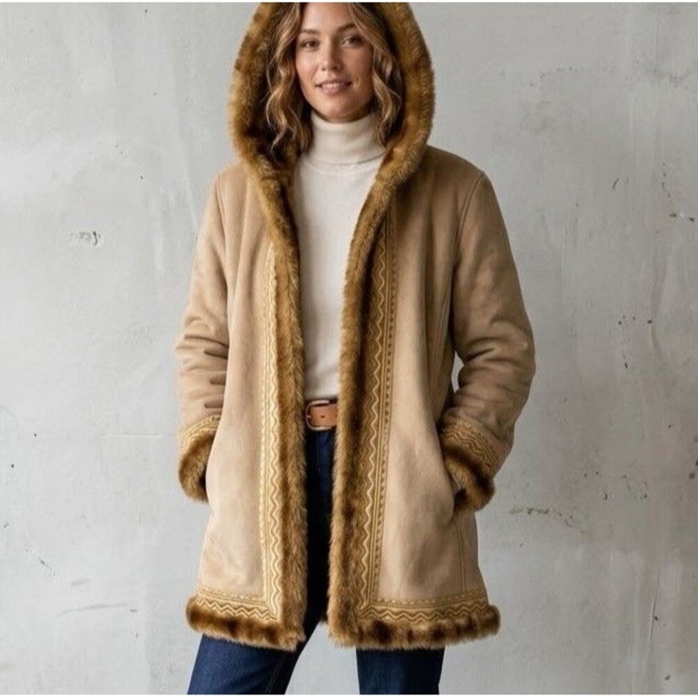 Jones New York Tan Faux Suede Hooded Coat Plush Faux Fur Trim Embroidered Boho L